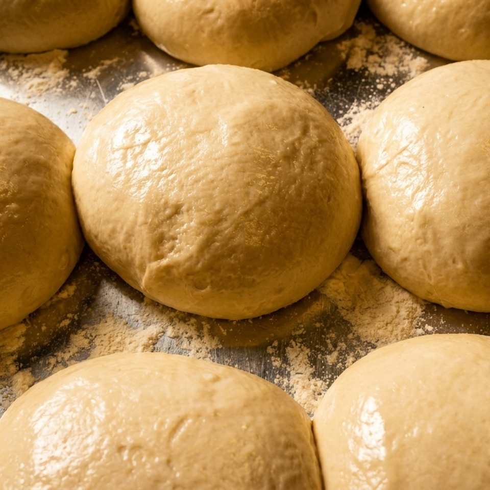 Rows of risen pizza dough balls rest on a floured metal baking tray.