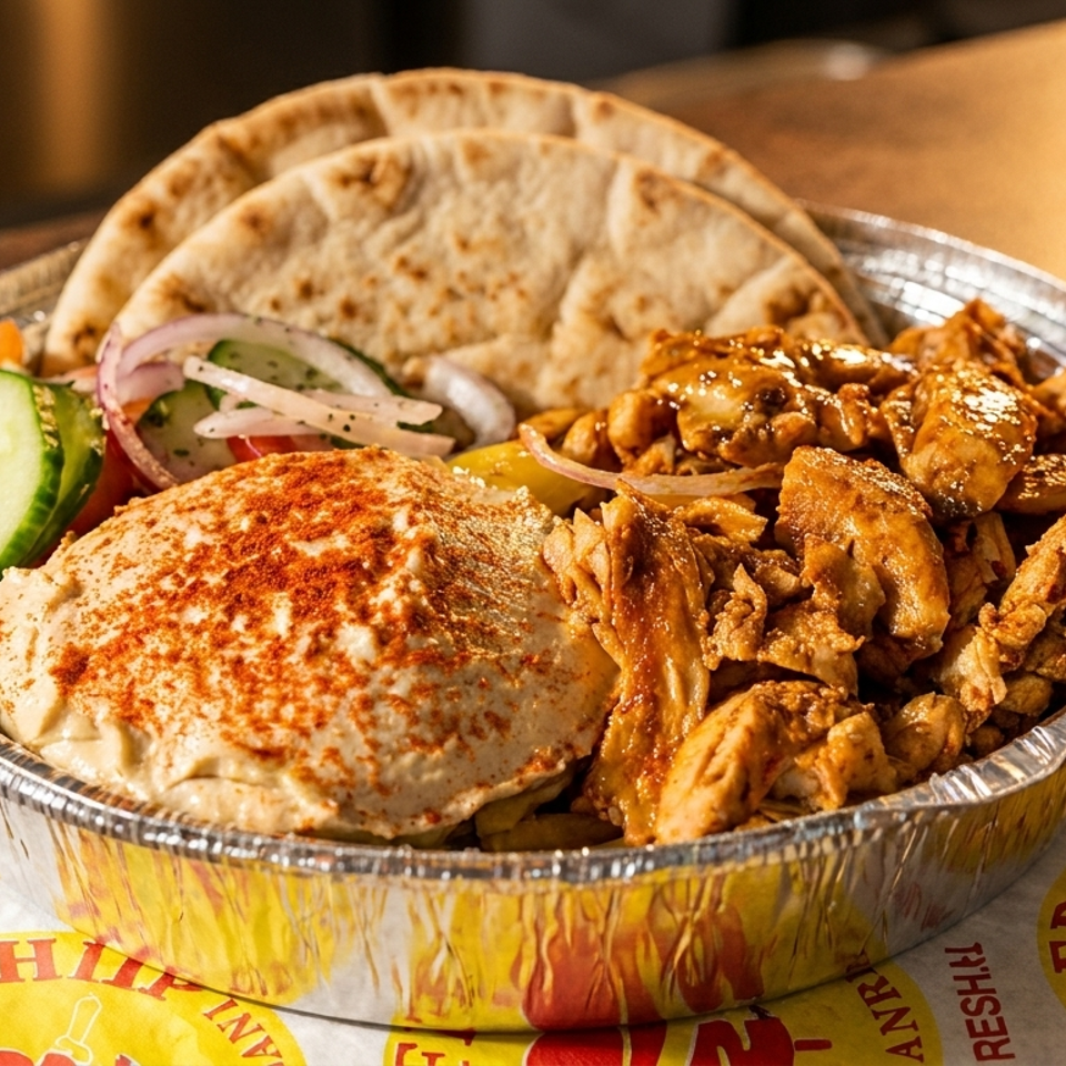 Mediterranean platter with grilled chicken, pita bread, hummus, cucumber, tomatoes, onions, and pickled vegetables in a foil tray.