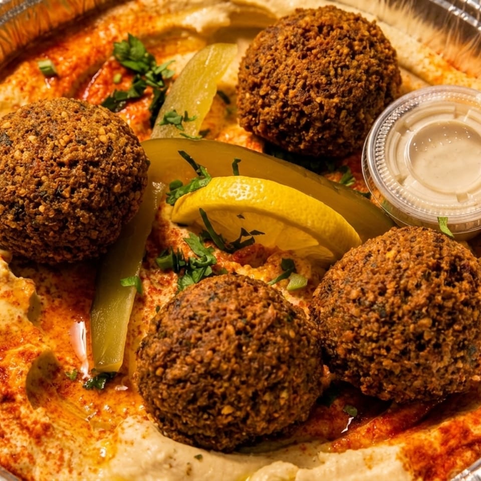 Four falafel balls served over hummus with pickles, lemon, herbs, and tahini in a foil tray.
