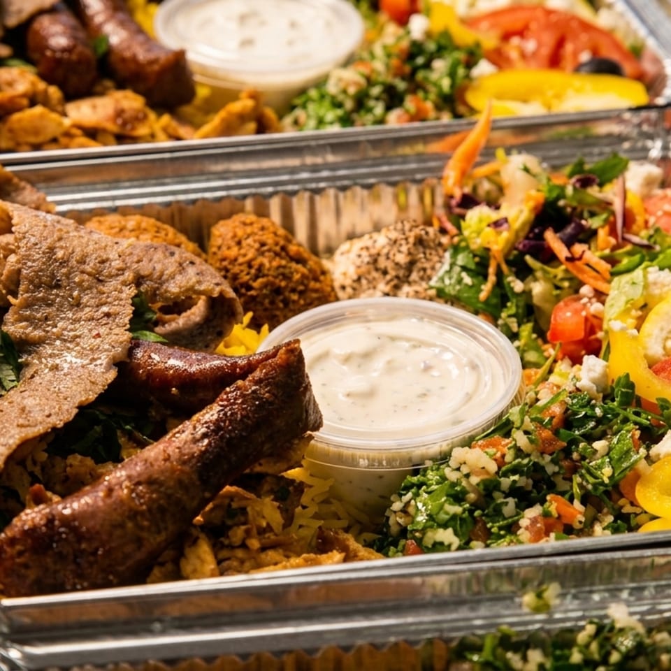 Two foil trays hold Middle Eastern platters with shawarma, grilled meats, falafel, rice, salad, hummus, and pita.