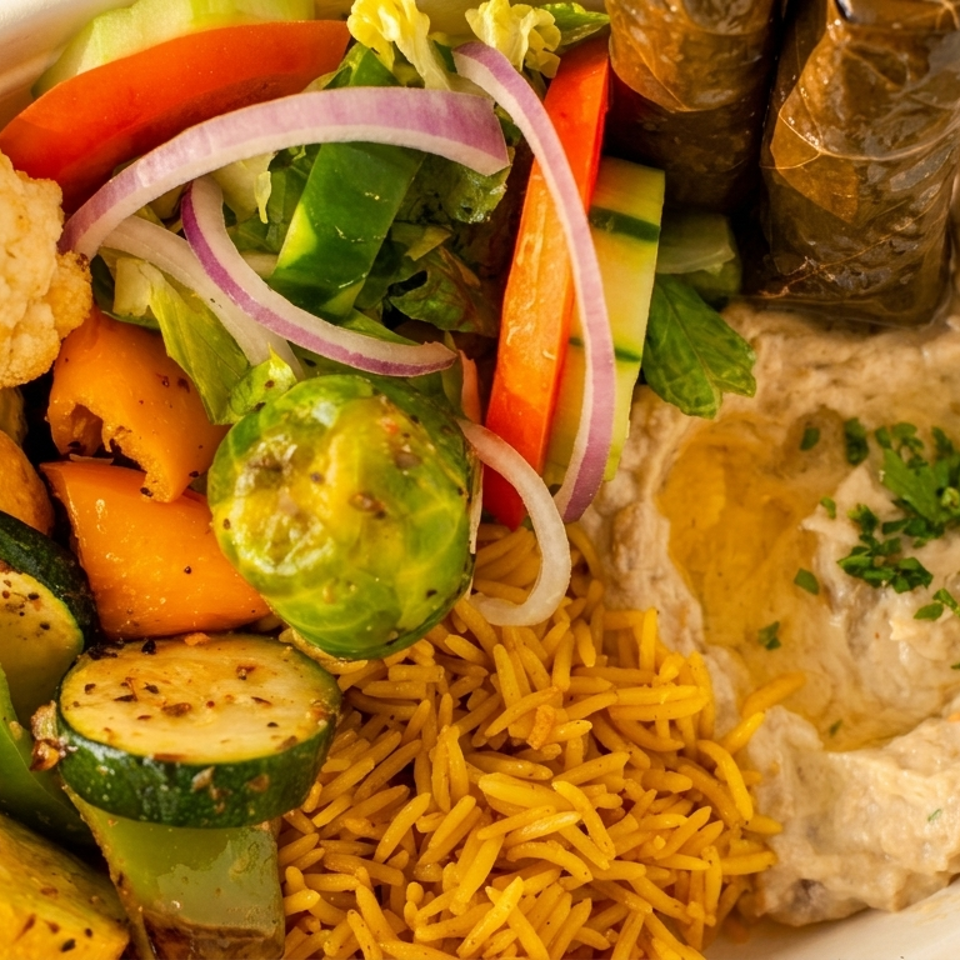 Mediterranean platter with grilled vegetables, spiced rice, salad, hummus, and stuffed grape leaves.