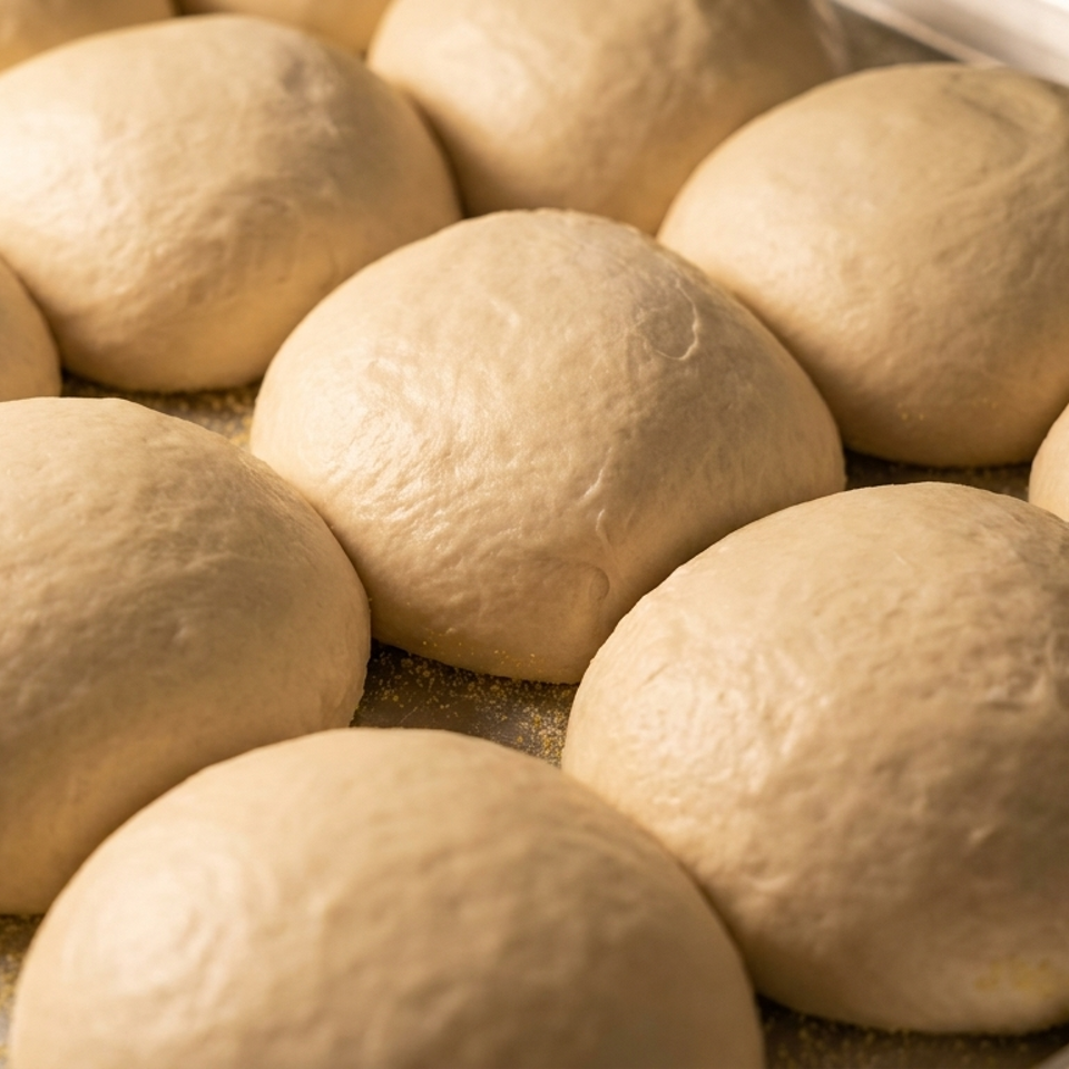 Rows of round pizza dough balls resting on a cornmeal-dusted metal baking tray.