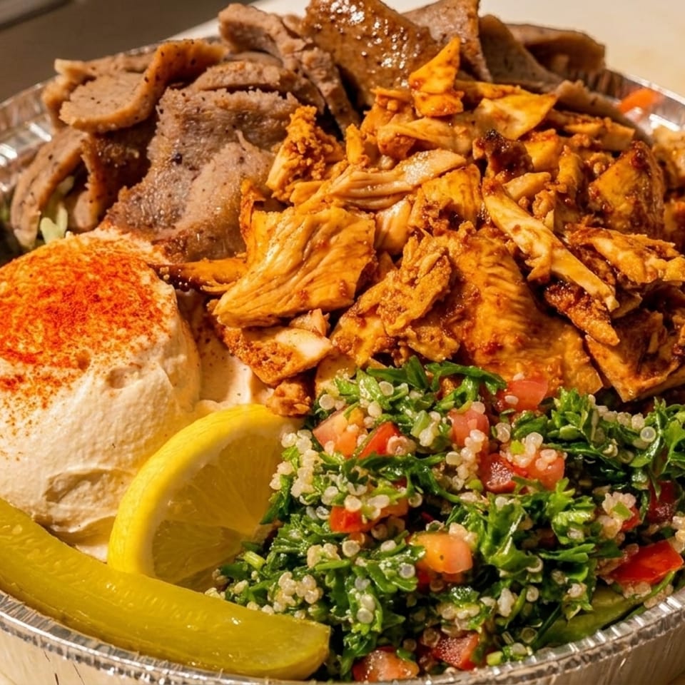 Mediterranean mixed grill platter with sliced meats, shawarma, hummus, tabbouleh, pickles, olives, and lemon wedge.