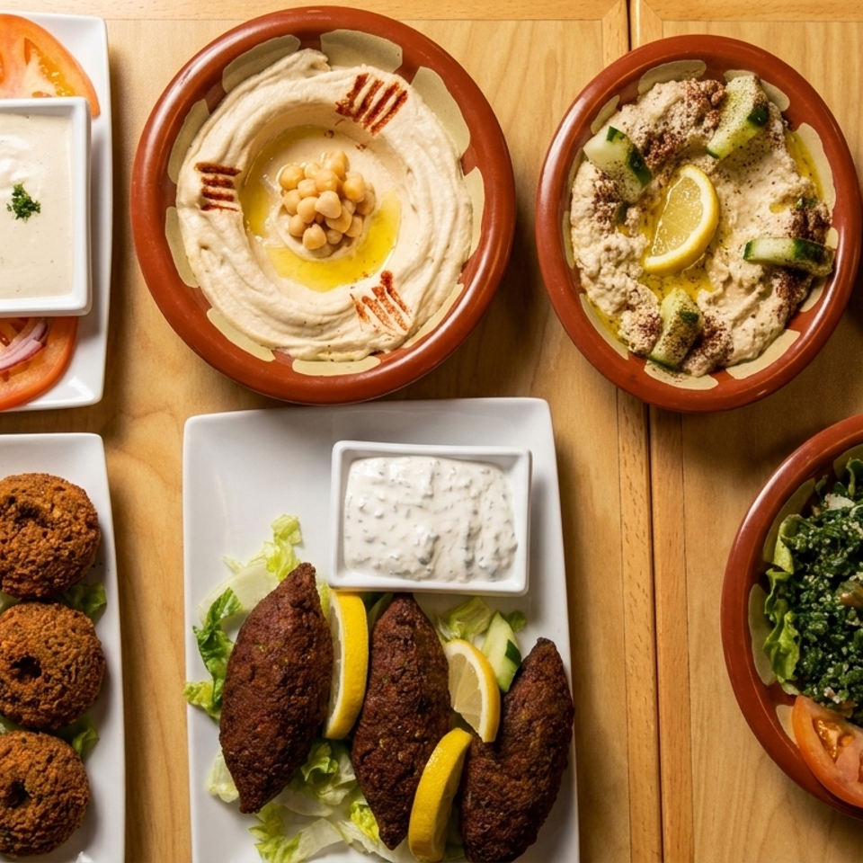 Assortment of Middle Eastern dishes, including stuffed grape leaves, hummus, falafel, kibbeh, bean salad, and tabbouleh on a wooden table.